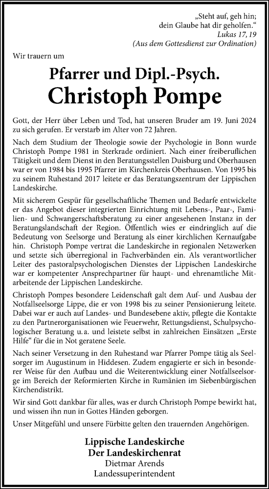 Anzeige  Christoph Pompe  Lippische Landes-Zeitung