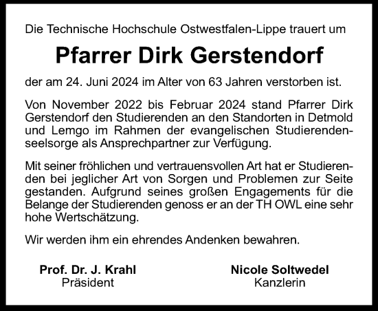 Anzeige  Dirk Gerstendorf  Lippische Landes-Zeitung