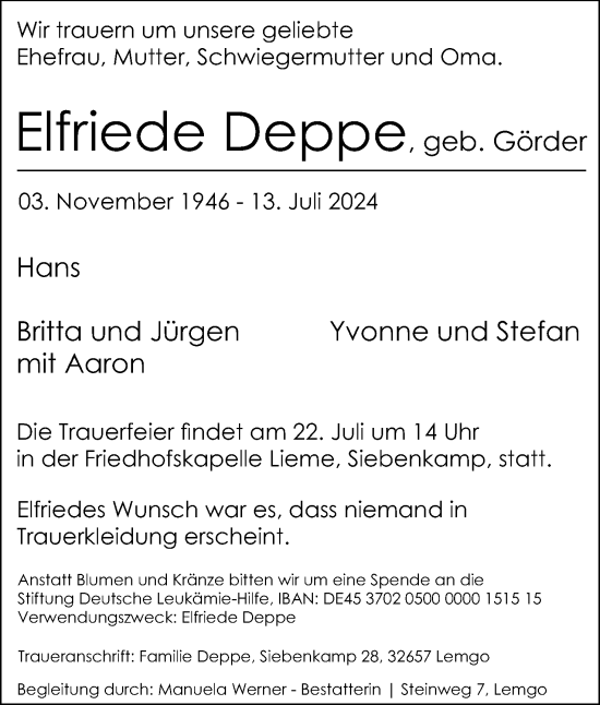 Anzeige  Elfriede Deppe  Lippische Landes-Zeitung