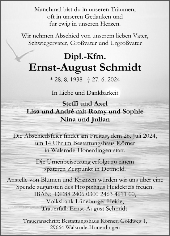 Anzeige  Ernst-August Schmidt  Lippische Landes-Zeitung