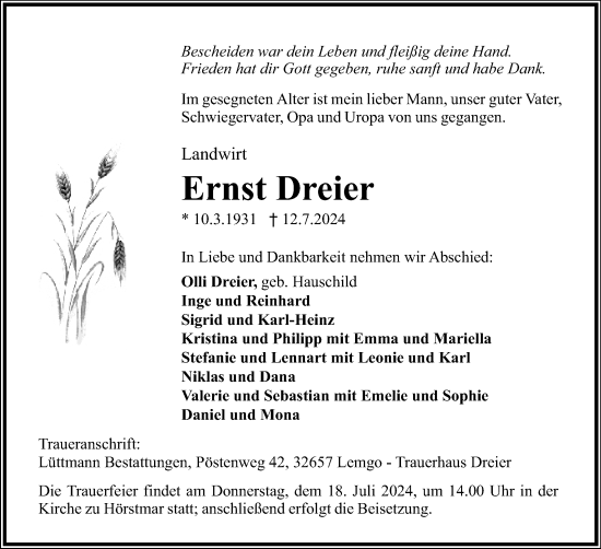 Anzeige  Ernst Dreier  Lippische Landes-Zeitung