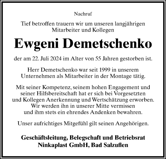 Anzeige  Ewgeni Demetschenko  Lippische Landes-Zeitung