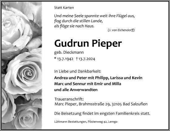 Anzeige  Gudrun Pieper  Lippische Landes-Zeitung
