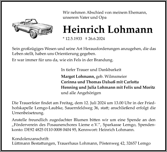 Anzeige  Heinrich Lohmann  Lippische Landes-Zeitung