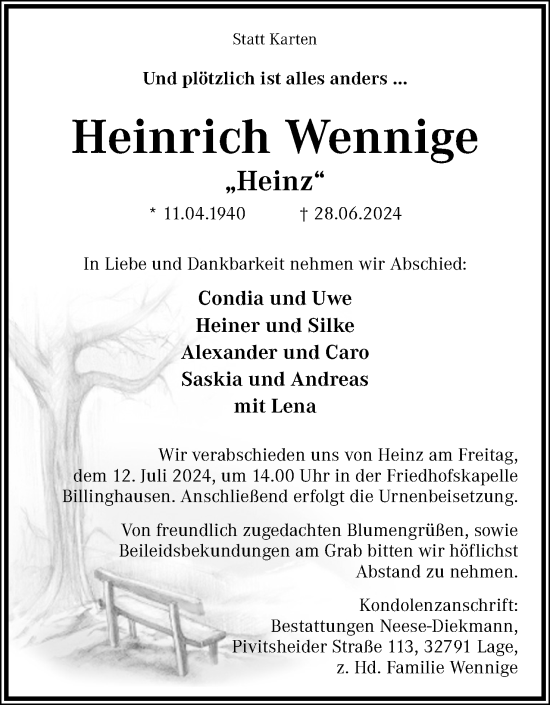Anzeige  Heinrich Wennige  Lippische Landes-Zeitung