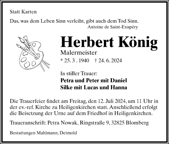 Anzeige  Herbert König  Lippische Landes-Zeitung
