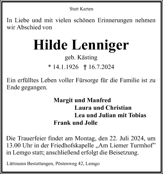 Anzeige  Hilde Lenniger  Lippische Landes-Zeitung