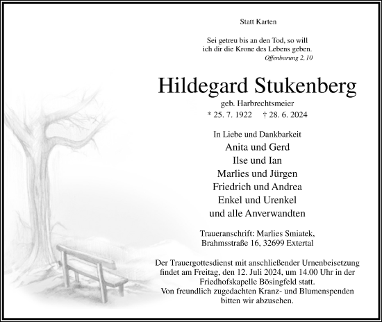 Anzeige  Hildegard Stukenberg  Lippische Landes-Zeitung