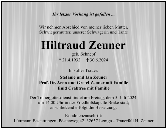 Anzeige  Hiltraud Zeuner  Lippische Landes-Zeitung