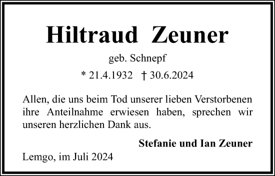 Anzeige  Hiltraud Zeuner  Lippische Landes-Zeitung