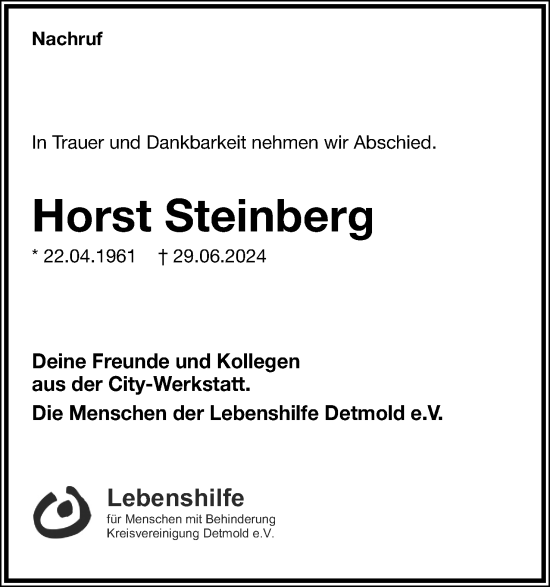 Anzeige  Horst Steinberg  Lippische Landes-Zeitung