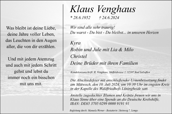 Anzeige  Klaus Venghaus  Lippische Landes-Zeitung