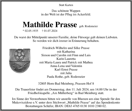 Anzeige  Mathilde Prasse  Lippische Landes-Zeitung