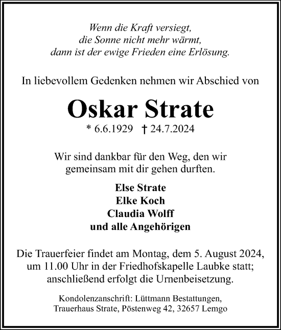 Anzeige  Oskar Strate  Lippische Landes-Zeitung