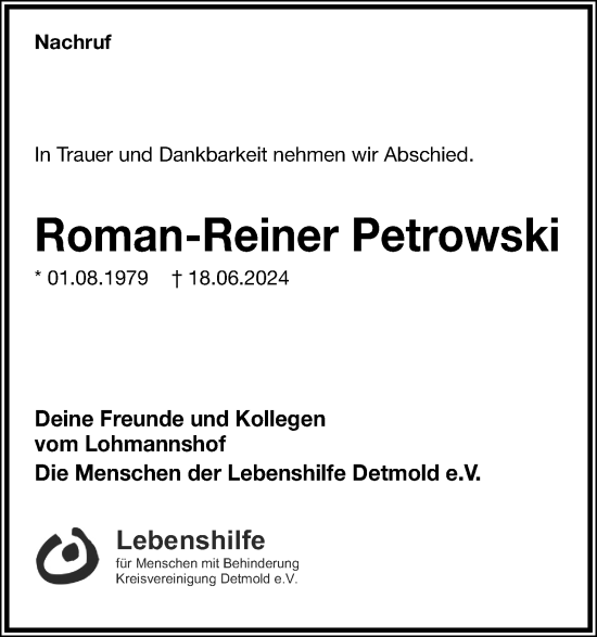 Anzeige  Roman-Reiner Petrowski  Lippische Landes-Zeitung