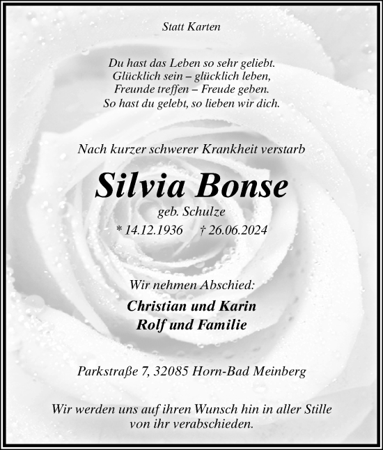 Anzeige  Silvia Bonse  Lippische Landes-Zeitung
