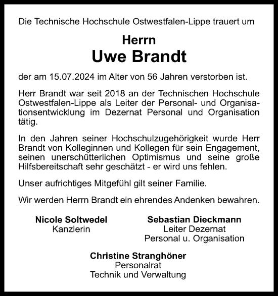 Anzeige  Uwe Brandt  Lippische Landes-Zeitung