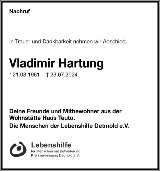 Anzeige  Vladimir Hartung  Lippische Landes-Zeitung