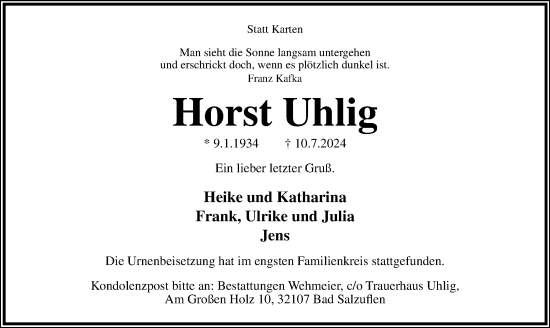 Anzeige  Horst Uhlig   Lippische Landes-Zeitung