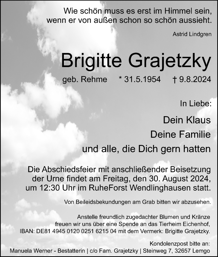  Traueranzeige für Brigitte Grajetzky vom 24.08.2024 aus Lippische Landes-Zeitung