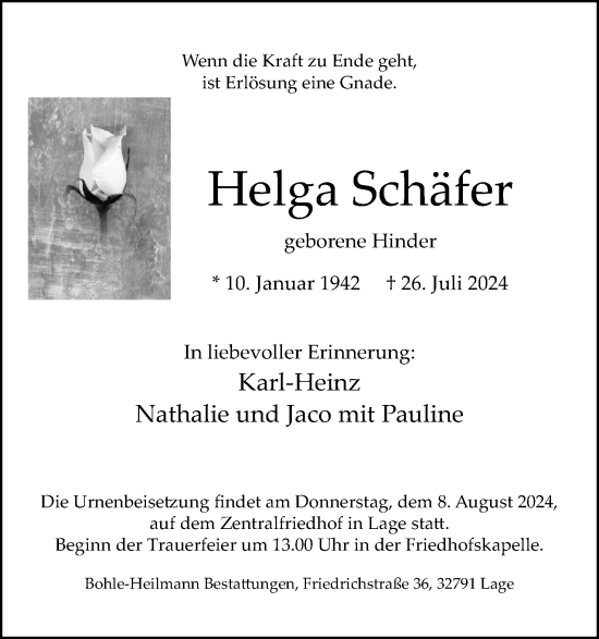 Anzeige  Helga Schäfer  Lippische Landes-Zeitung