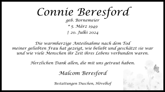 Anzeige  Connie Beresford  Lippische Landes-Zeitung
