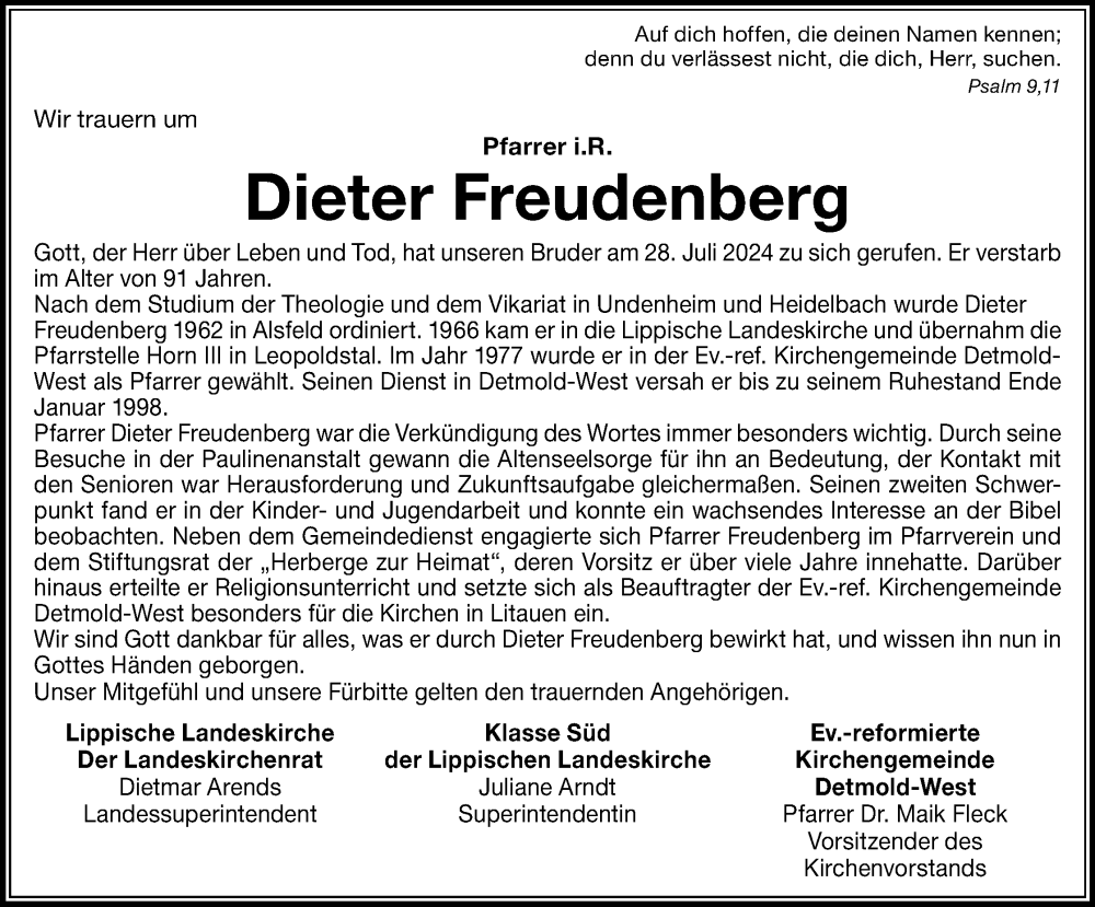  Traueranzeige für Dieter Freudenberg vom 03.08.2024 aus Lippische Landes-Zeitung