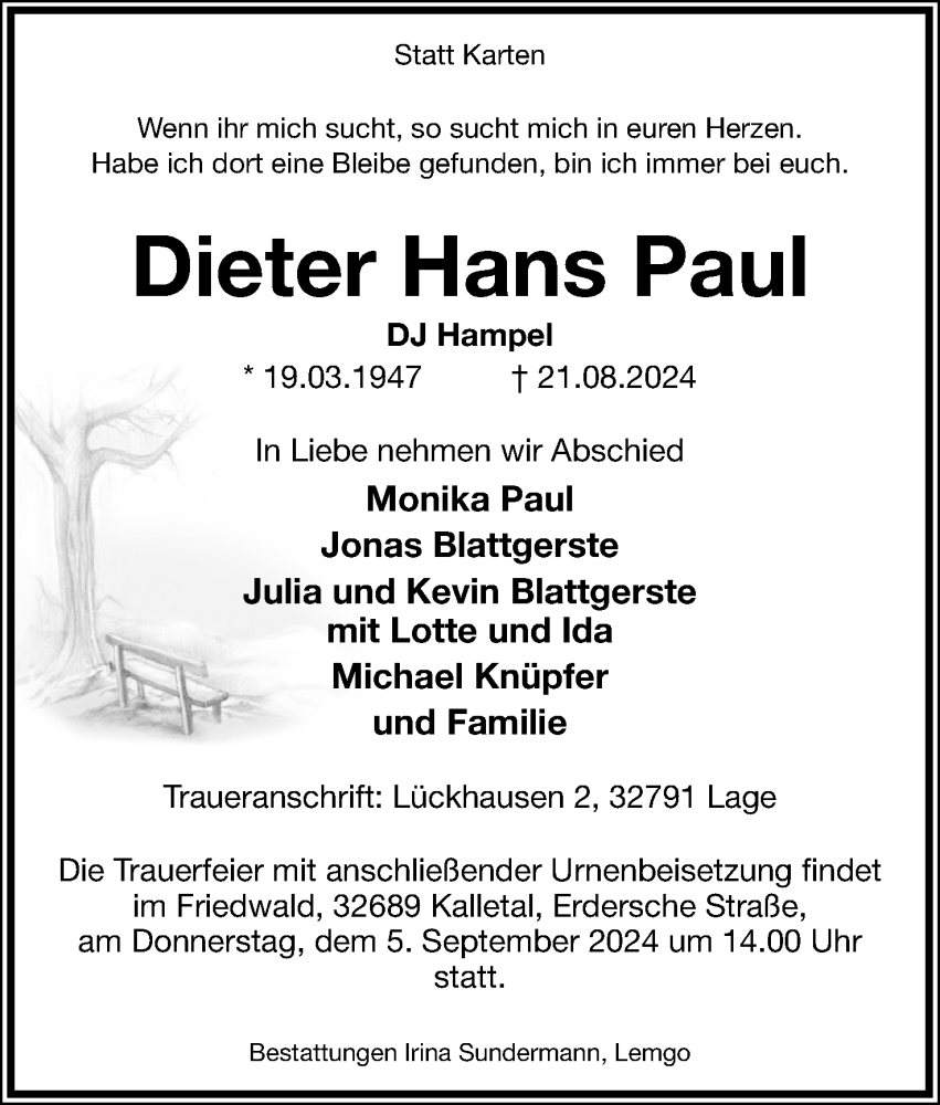  Traueranzeige für Dieter Hans Paul vom 31.08.2024 aus Lippische Landes-Zeitung