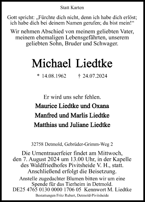 Anzeige  Michael Liedtke  Lippische Landes-Zeitung