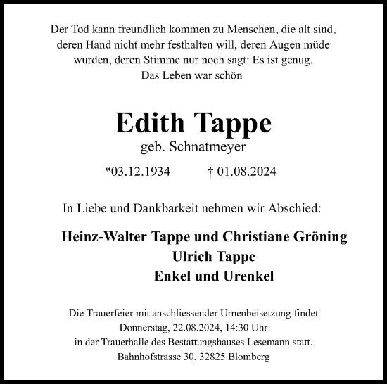 Anzeige  Edith Tappe  Lippische Landes-Zeitung