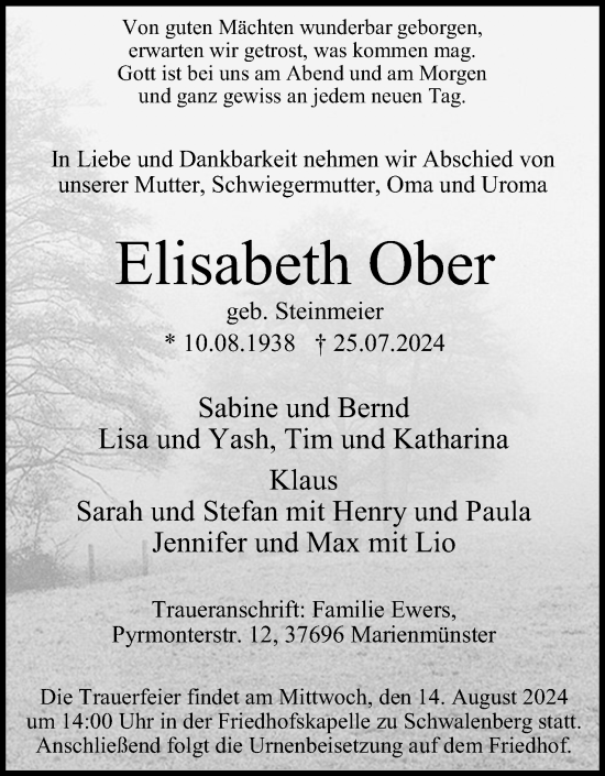 Anzeige  Elisabeth Ober  Lippische Landes-Zeitung