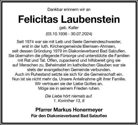 Anzeige  Felicitas Laubenstein  Lippische Landes-Zeitung