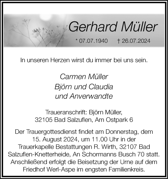 Anzeige  Gerhard Müller  Lippische Landes-Zeitung