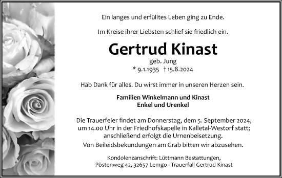 Anzeige  Gertrud Kinast  Lippische Landes-Zeitung
