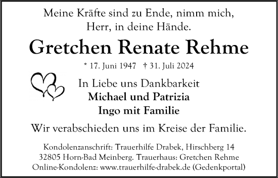 Anzeige  Gretchen Renate Rehme  Lippische Landes-Zeitung