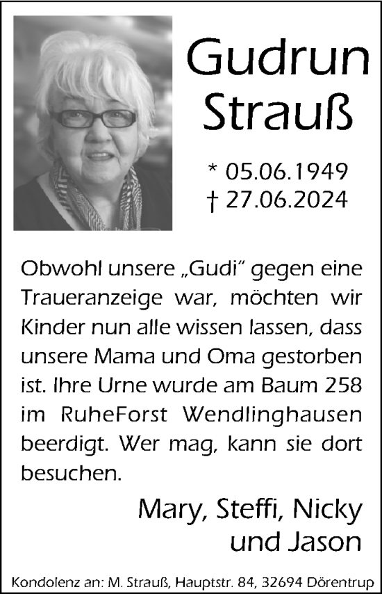 Anzeige  Gudrun Strauß  Lippische Landes-Zeitung