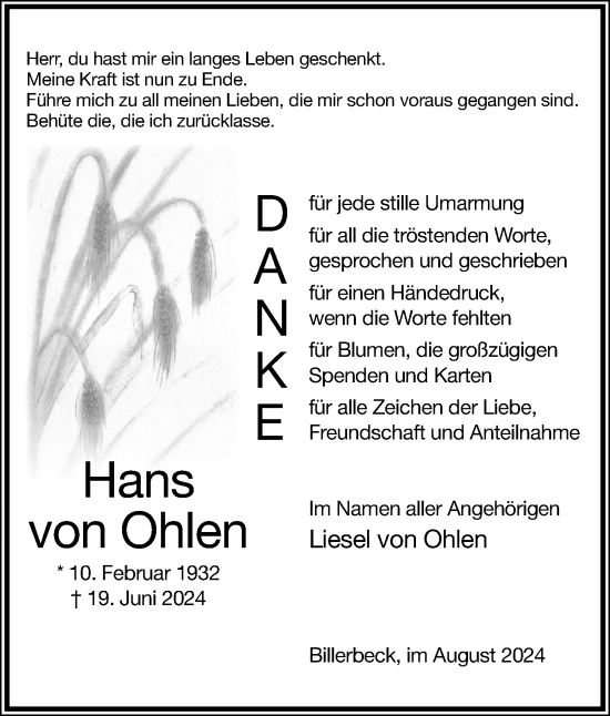Anzeige  Hans von Ohlen  Lippische Landes-Zeitung