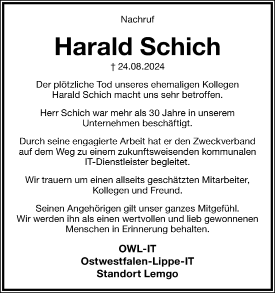 Anzeige  Harald Schich  Lippische Landes-Zeitung