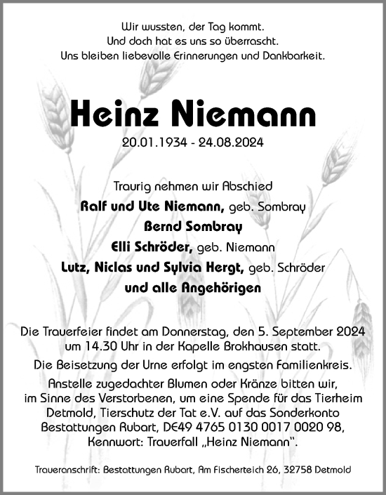 Anzeige  Heinz Niemann  Lippische Landes-Zeitung