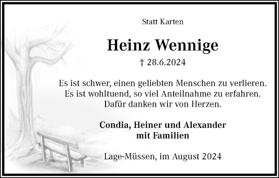 Anzeige  Heinz Wennige  Lippische Landes-Zeitung