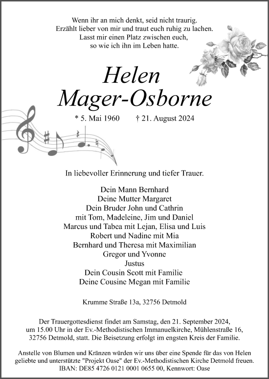 Anzeige  Helen  Mager-Osborne  Lippische Landes-Zeitung