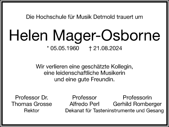 Anzeige  Helen  Mager-Osborne  Lippische Landes-Zeitung