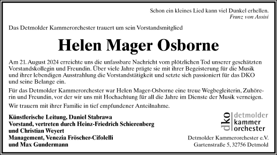 Anzeige  Helen  Mager-Osborne  Lippische Landes-Zeitung