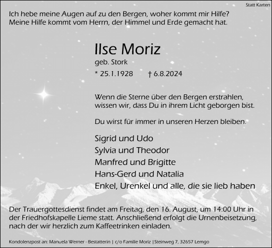 Anzeige  Ilse Moriz  Lippische Landes-Zeitung