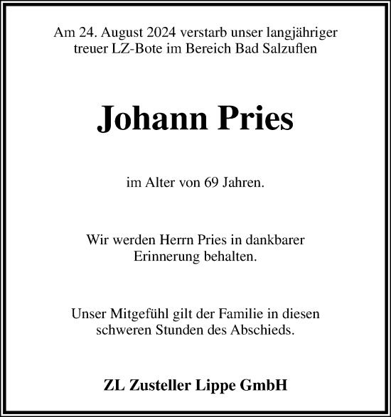 Anzeige  Johann Pries  Lippische Landes-Zeitung