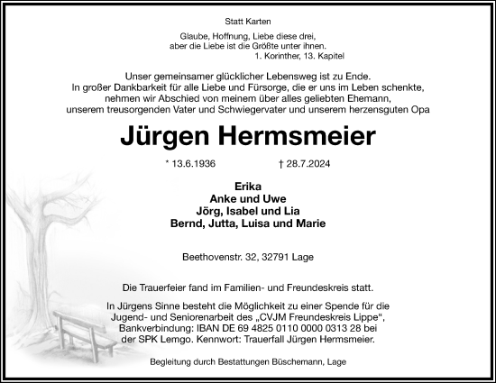 Anzeige  Jürgen Hermsmeier  Lippische Landes-Zeitung