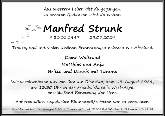 Anzeige  Manfred Strunk  Lippische Landes-Zeitung