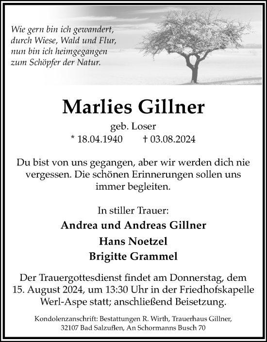 Anzeige  Marlies Gillner  Lippische Landes-Zeitung
