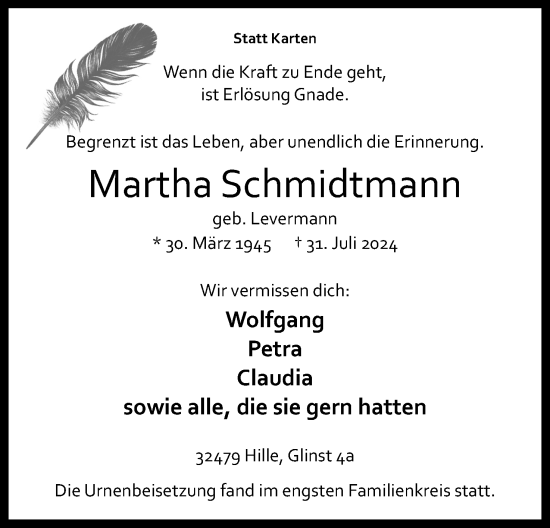 Anzeige  Martha Schmidtmann  Lippische Landes-Zeitung