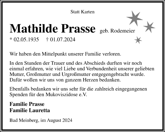 Anzeige  Mathilde Prasse  Lippische Landes-Zeitung